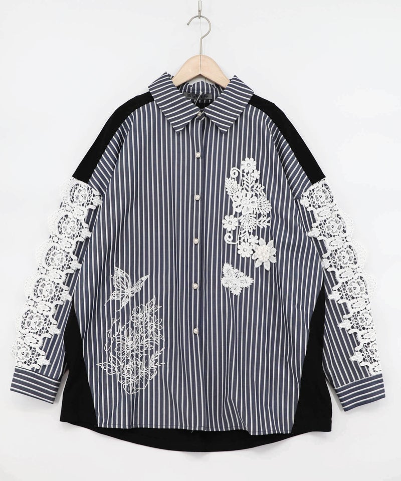 花蝶刺繍レース×ストライプ柄配色シャツ-7