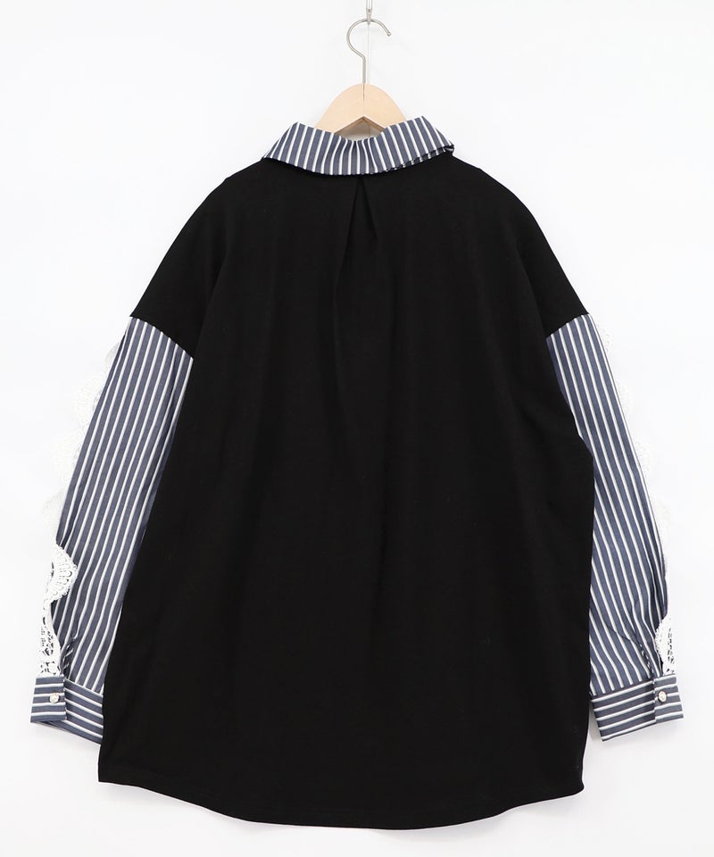 花蝶刺繍レース×ストライプ柄配色シャツ-8