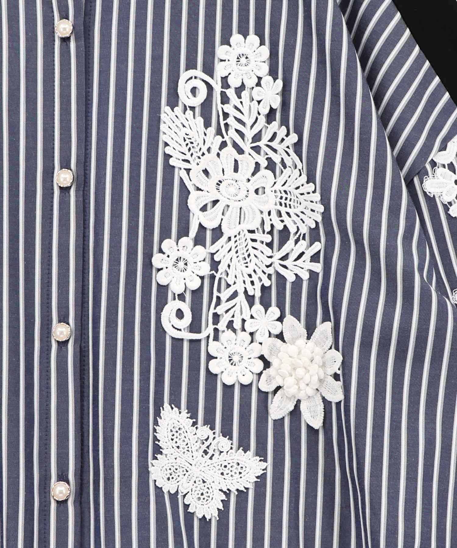 561228：花蝶刺繍レース×ストライプ柄配色シャツの通販-ScoLar