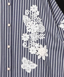 花蝶刺繍レース×ストライプ柄配色シャツ-9
