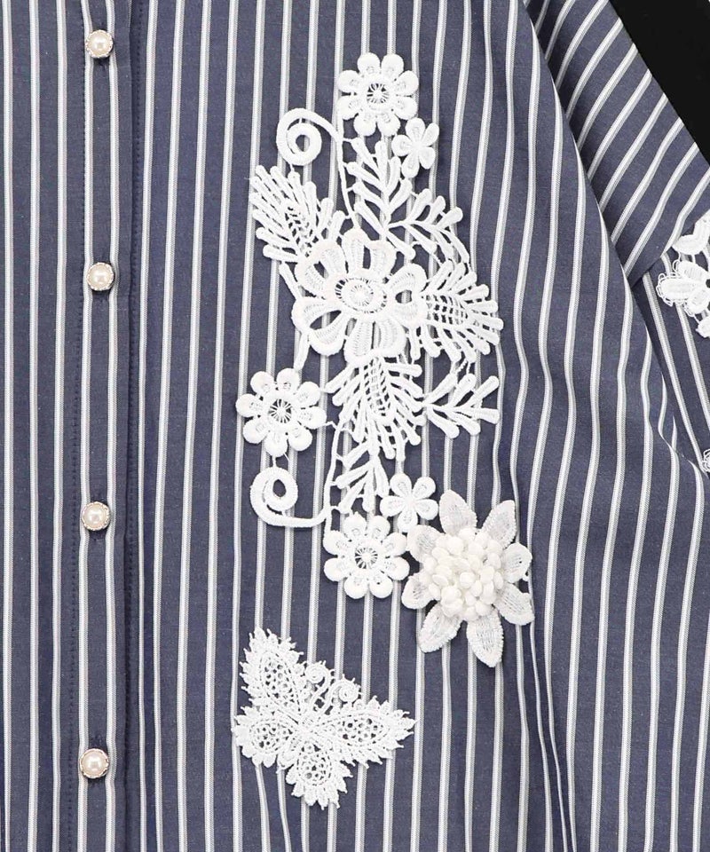 花蝶刺繍レース×ストライプ柄配色シャツ-9