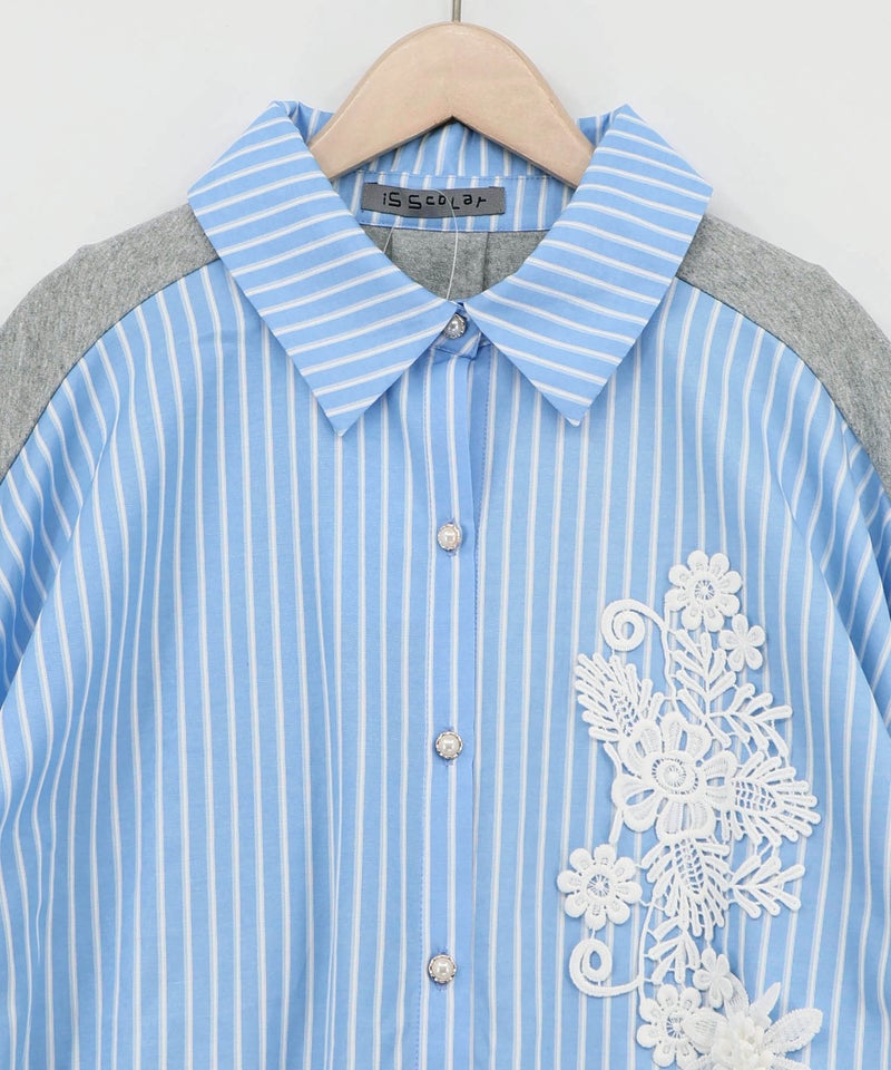 花蝶刺繍レース×ストライプ柄配色シャツ-10