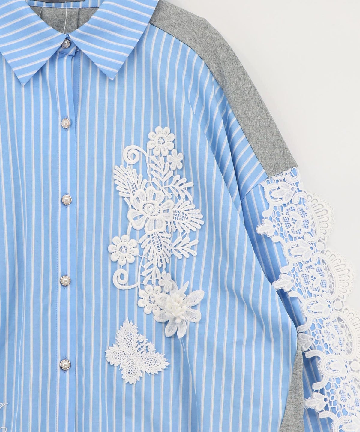 花蝶刺繍レース×ストライプ柄配色シャツ-11