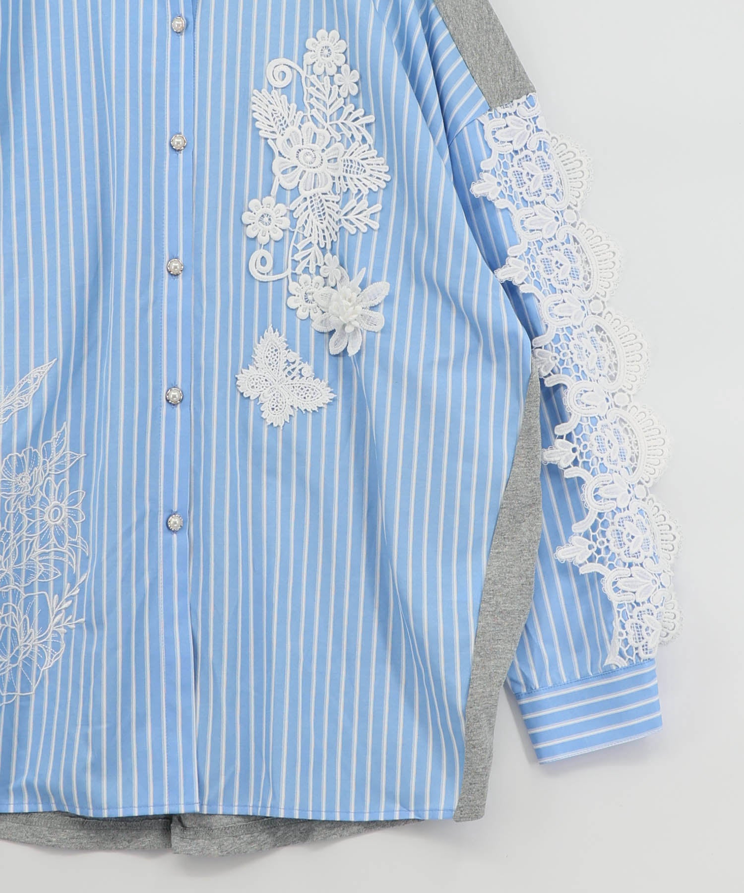 561228：花蝶刺繍レース×ストライプ柄配色シャツの通販-ScoLar