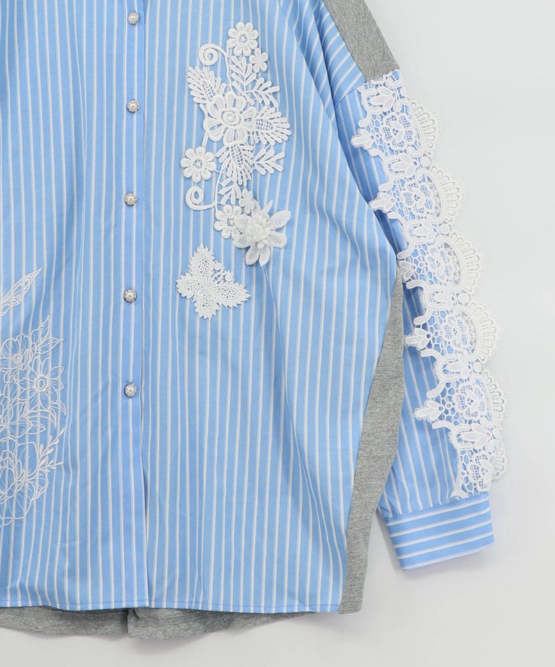 花蝶刺繍レース×ストライプ柄配色シャツ-12