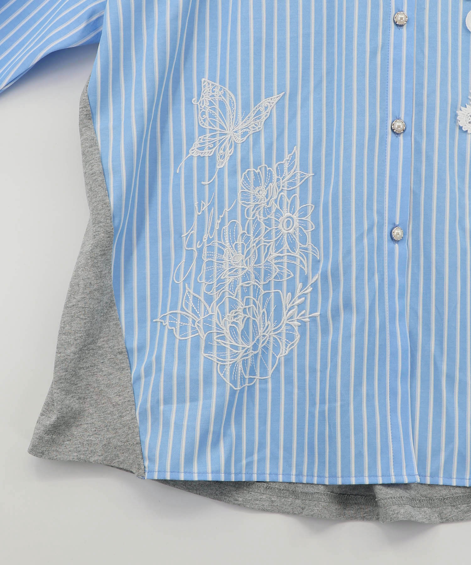 561228：花蝶刺繍レース×ストライプ柄配色シャツの通販-ScoLar