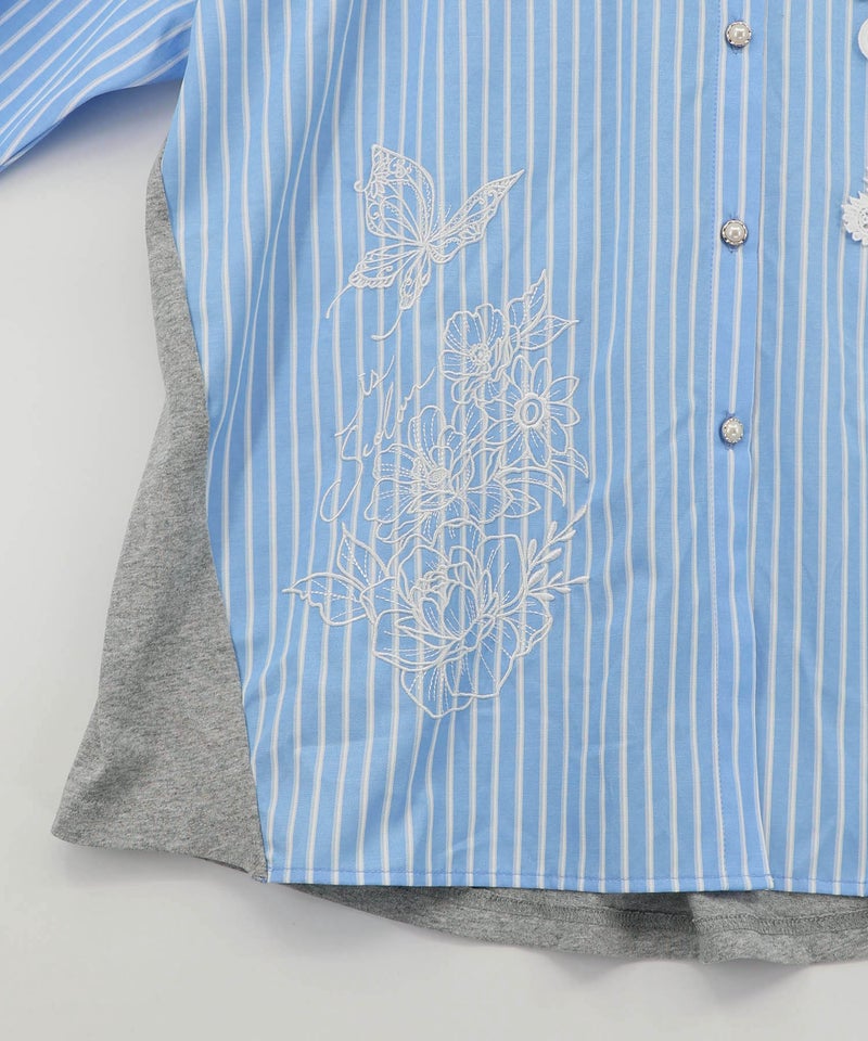 花蝶刺繍レース×ストライプ柄配色シャツ-13