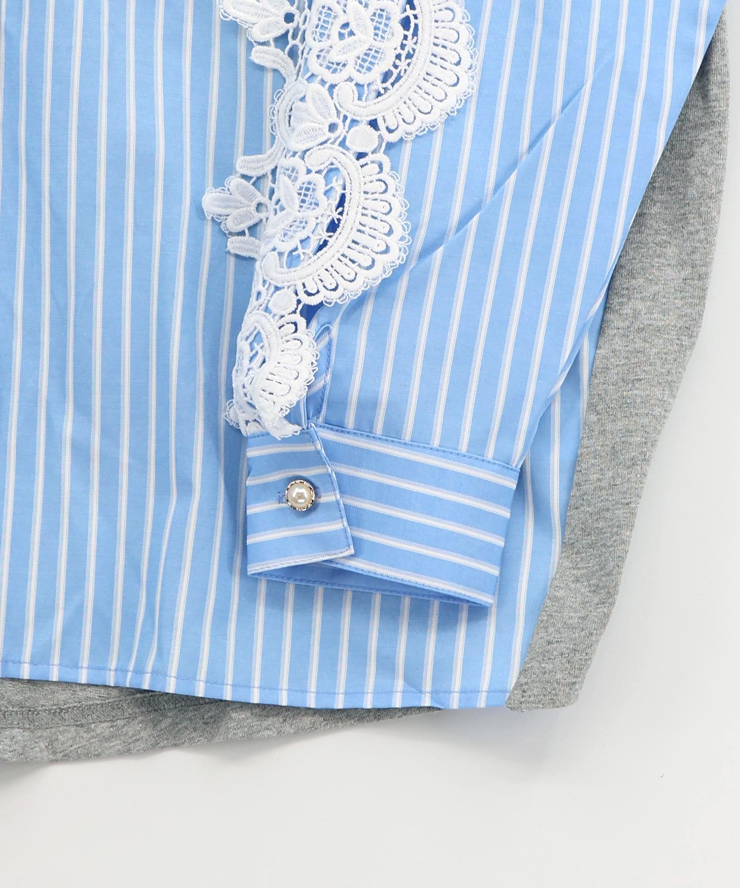 561228：花蝶刺繍レース×ストライプ柄配色シャツの通販-ScoLar