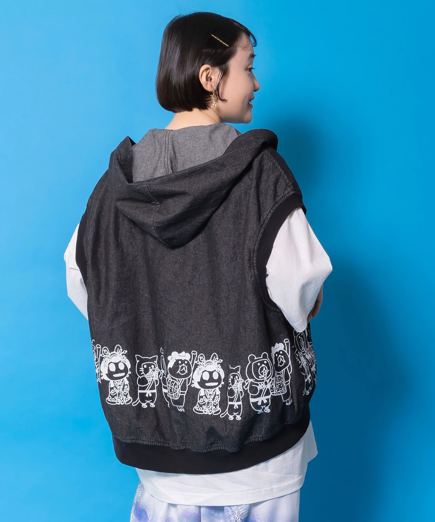 361116：通勤Parity忍者柄フード付きデニムベストの通販-ScoLar