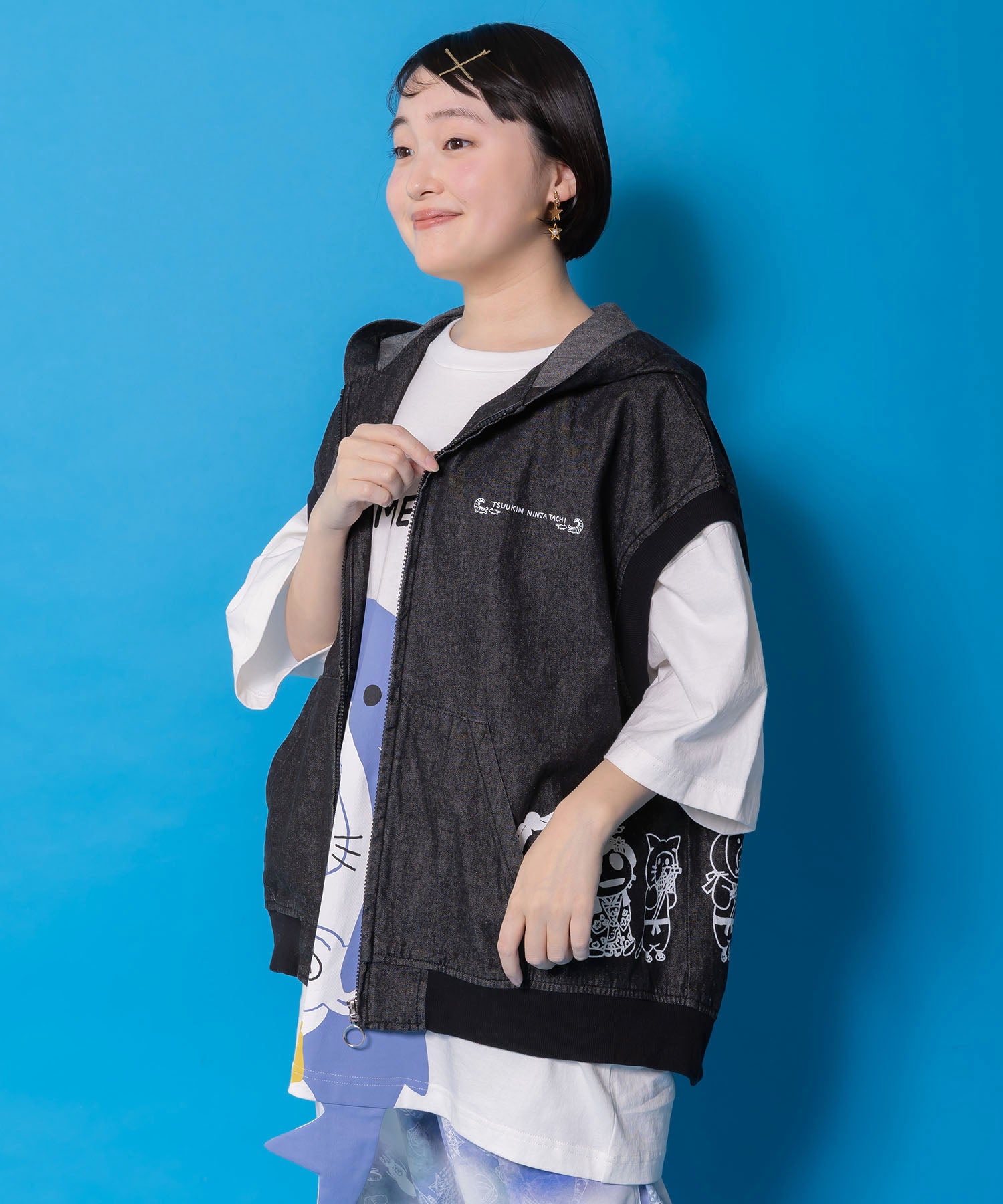 361116：通勤Parity忍者柄フード付きデニムベストの通販-ScoLar