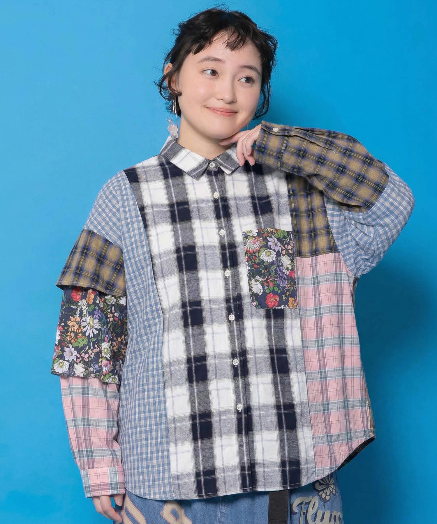 161673：チェックorストライプ 総柄アシメパッチワークシャツの通販-ScoLar