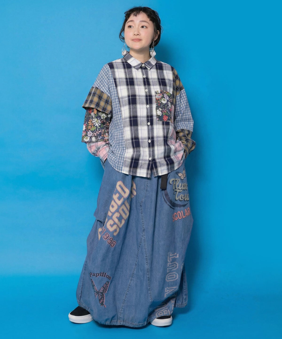 チェックorストライプ 総柄アシメパッチワークシャツ-2