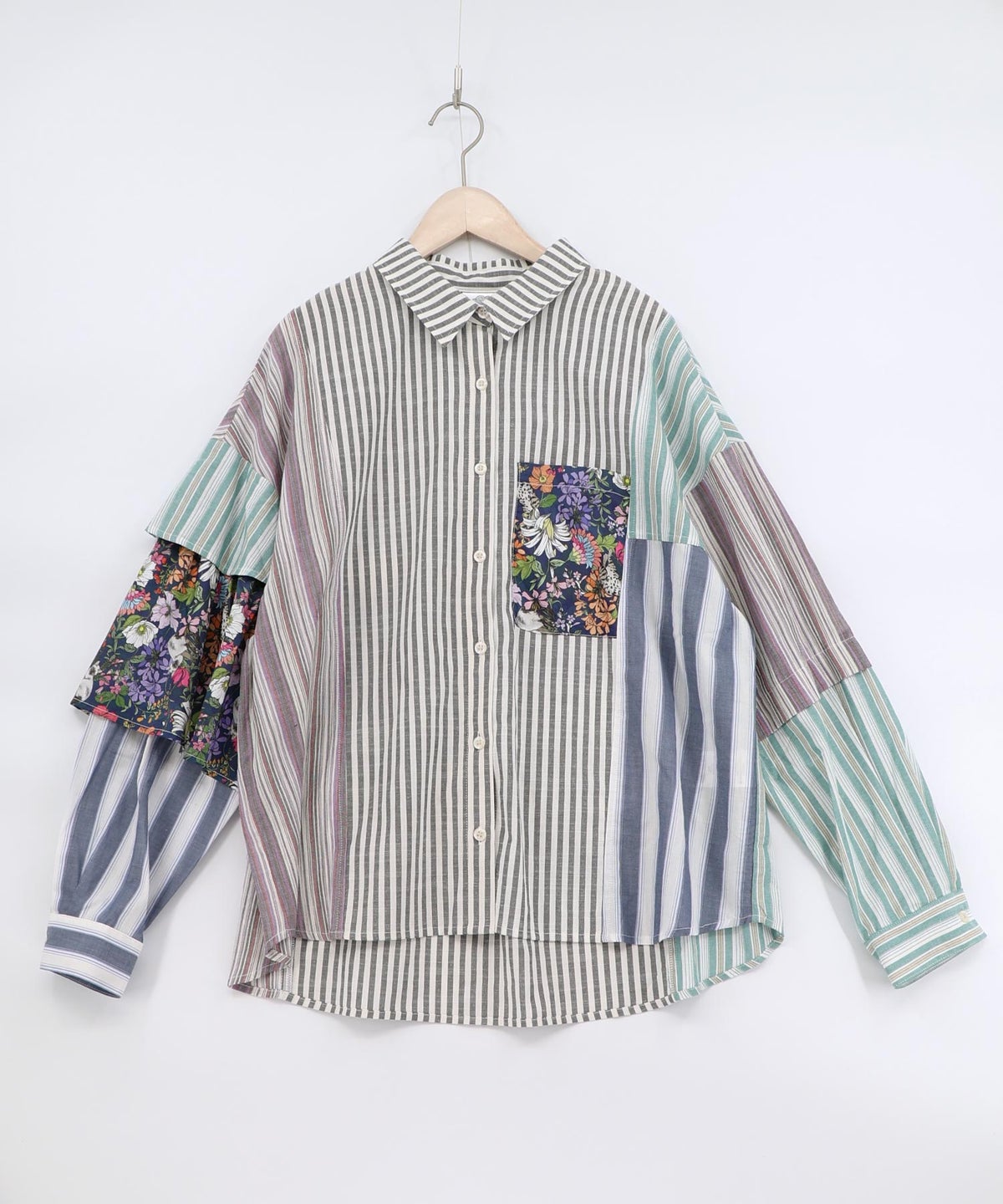 チェックorストライプ 総柄アシメパッチワークシャツ-5