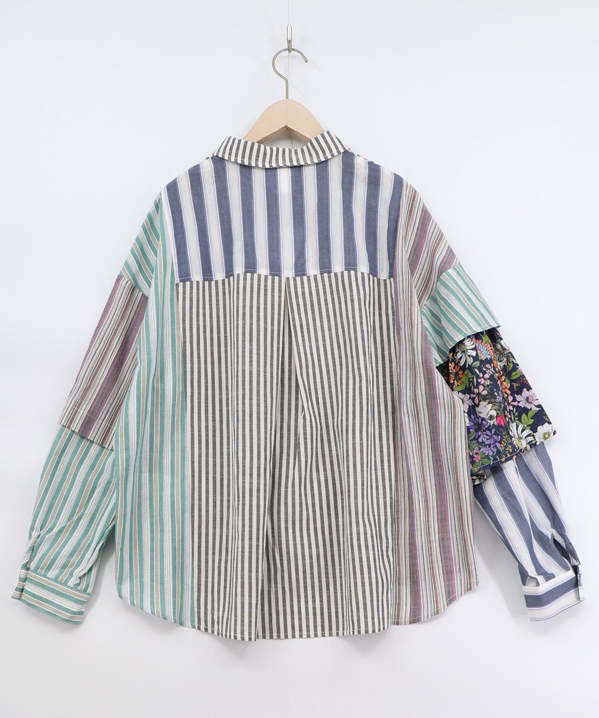 チェックorストライプ 総柄アシメパッチワークシャツ-6