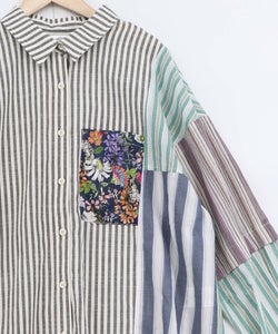 チェックorストライプ 総柄アシメパッチワークシャツ-7