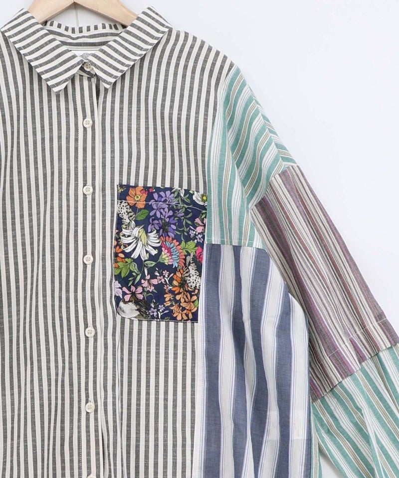 チェックorストライプ 総柄アシメパッチワークシャツ-7