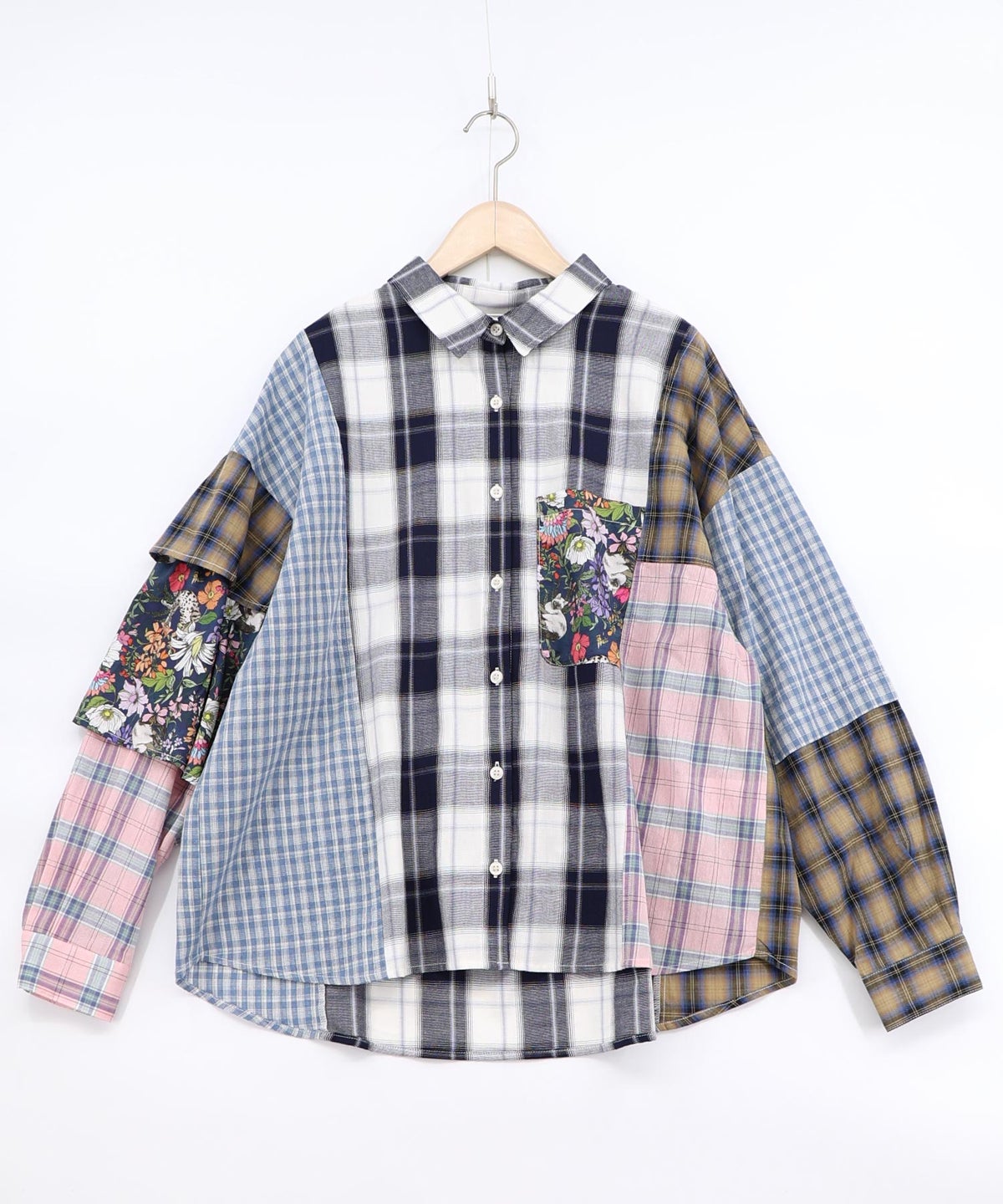 チェックorストライプ 総柄アシメパッチワークシャツ-8