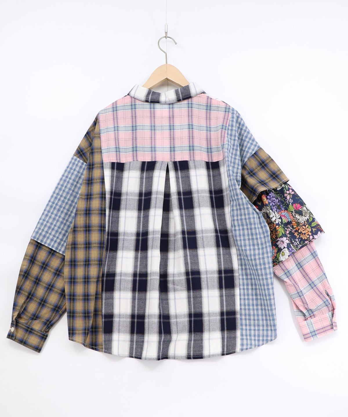 チェックorストライプ 総柄アシメパッチワークシャツ-9