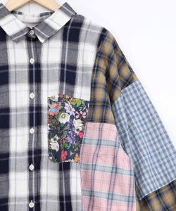 チェックorストライプ 総柄アシメパッチワークシャツ-10