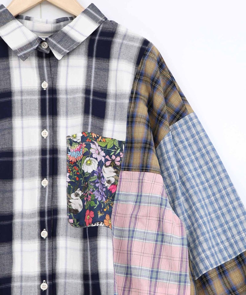 チェックorストライプ 総柄アシメパッチワークシャツ-10