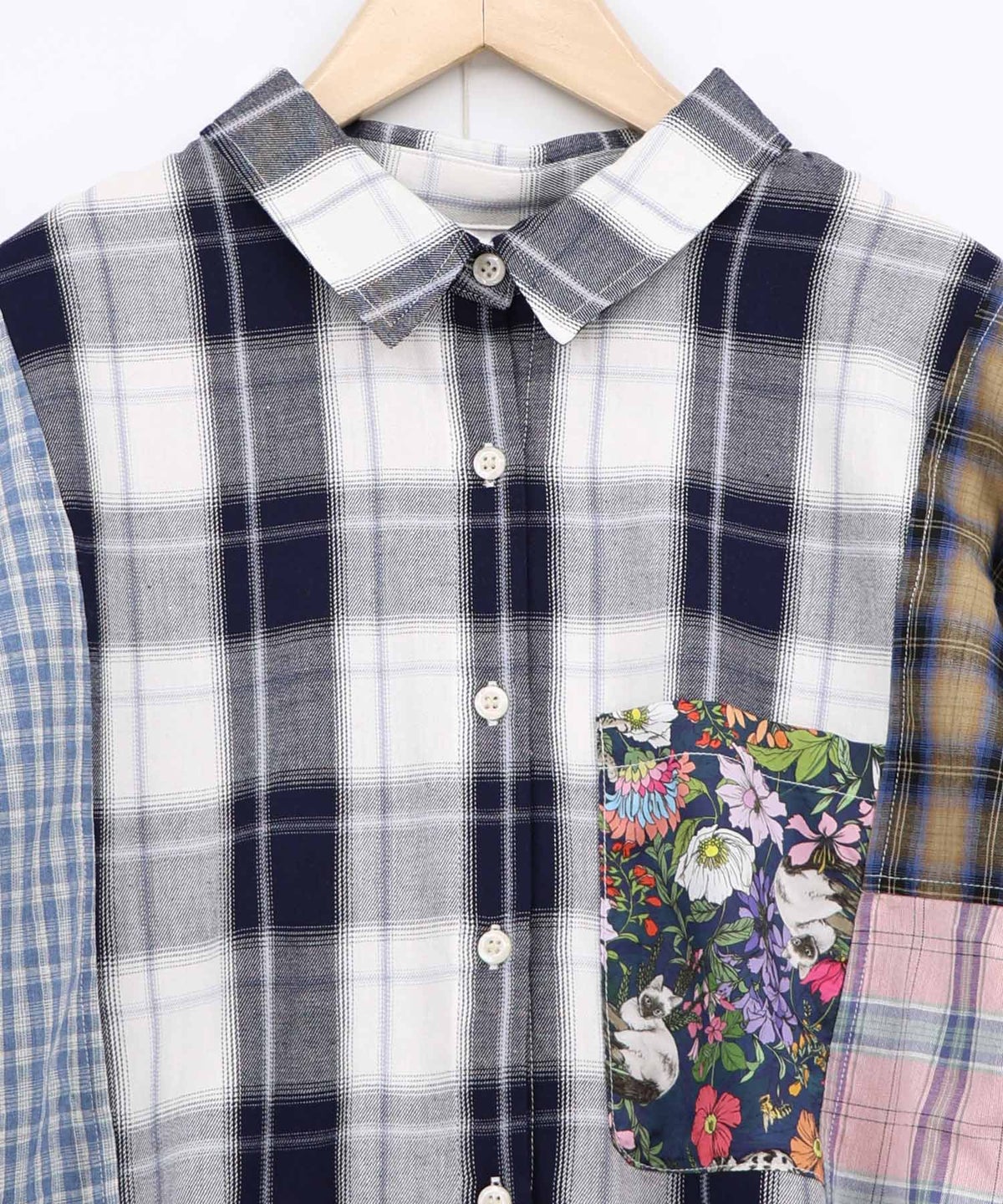 チェックorストライプ 総柄アシメパッチワークシャツ-11