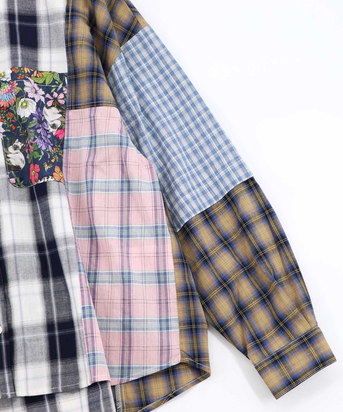 チェックorストライプ 総柄アシメパッチワークシャツ-12