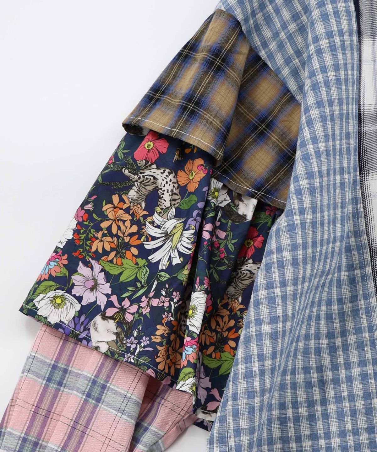 チェックorストライプ 総柄アシメパッチワークシャツ-13