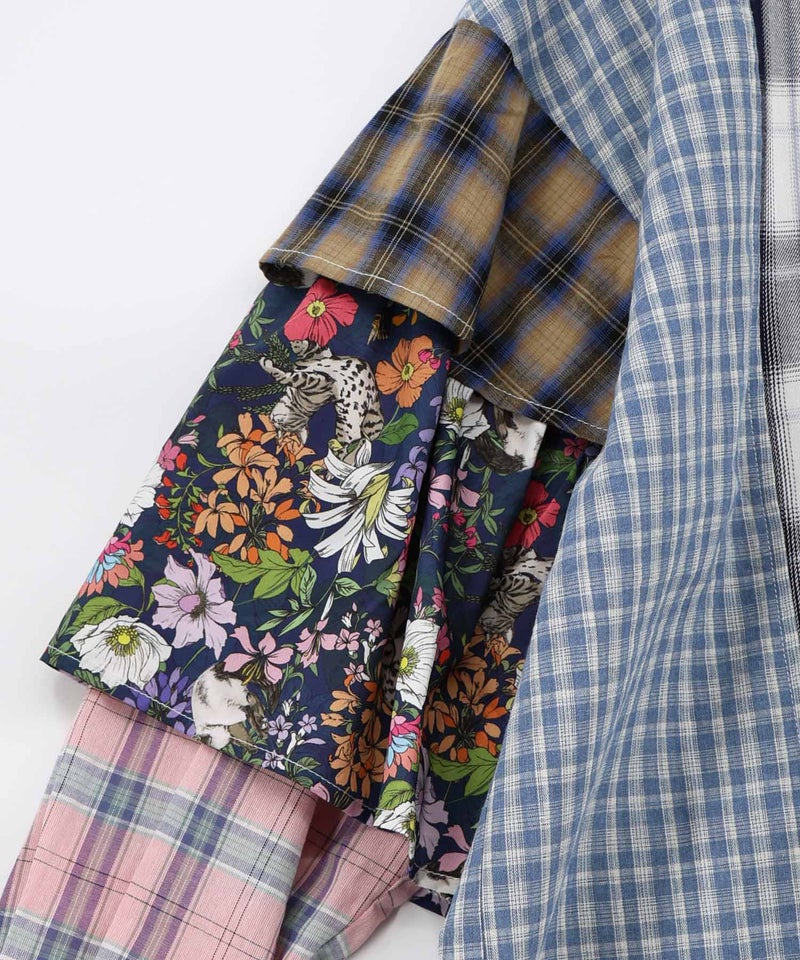 チェックorストライプ 総柄アシメパッチワークシャツ-13