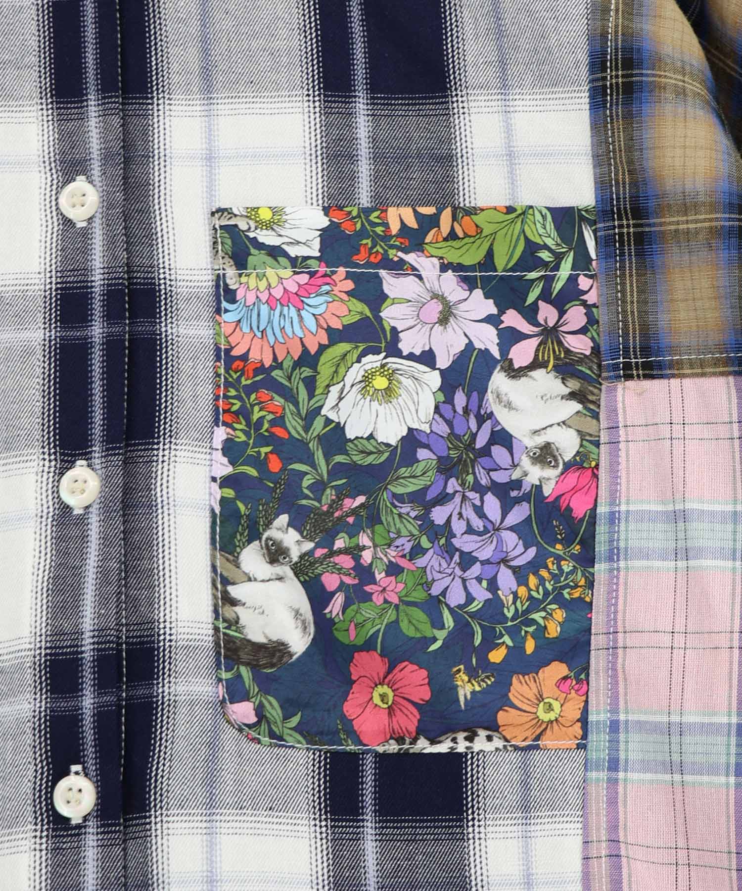 161673：チェックorストライプ 総柄アシメパッチワークシャツの通販-ScoLar