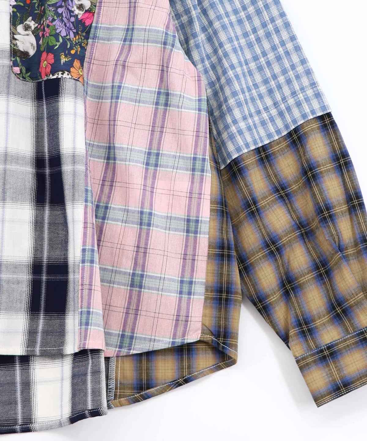 チェックorストライプ 総柄アシメパッチワークシャツ-15