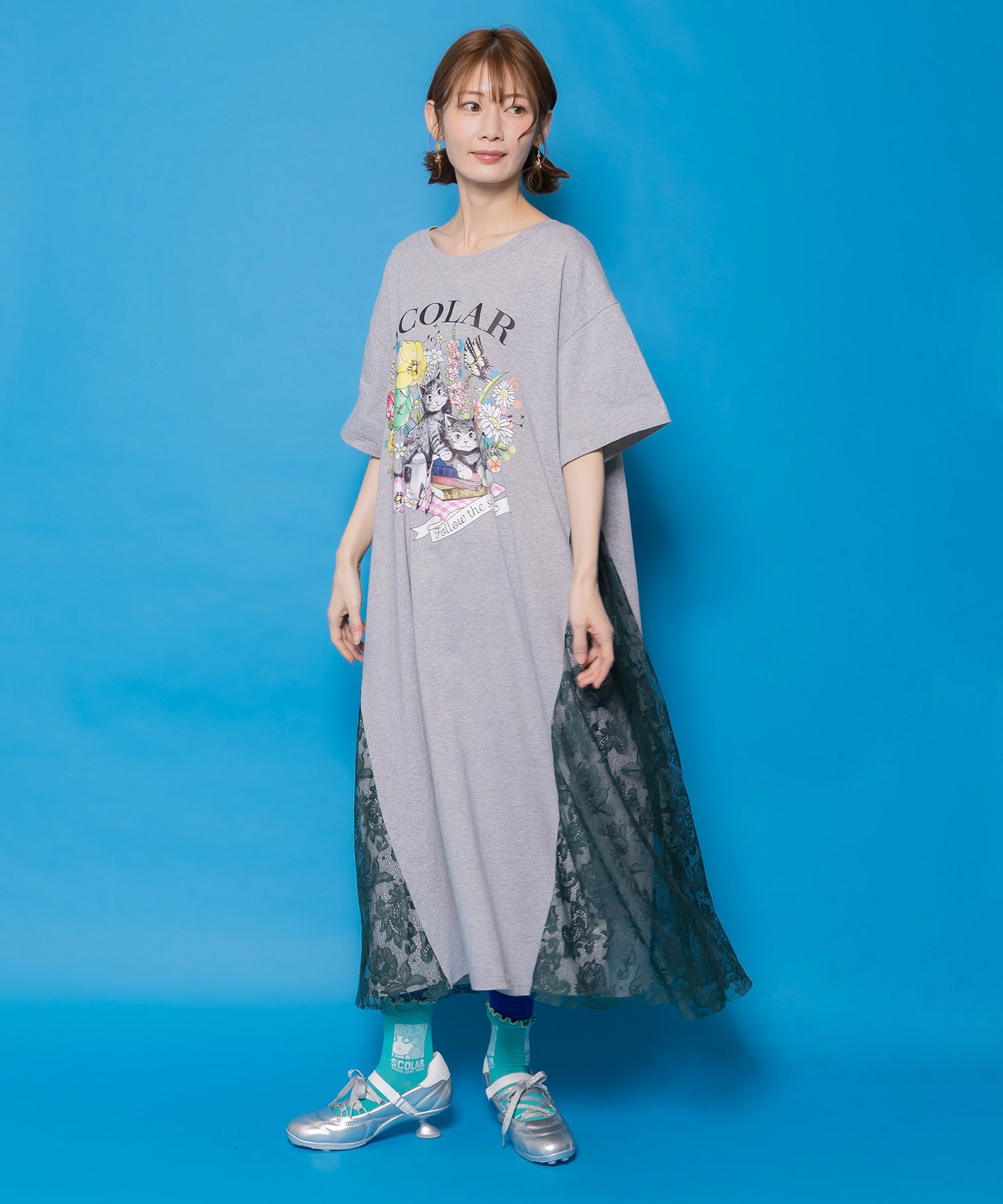 161670：花ネコピクニック柄 天竺×レースワンピースの通販-ScoLar