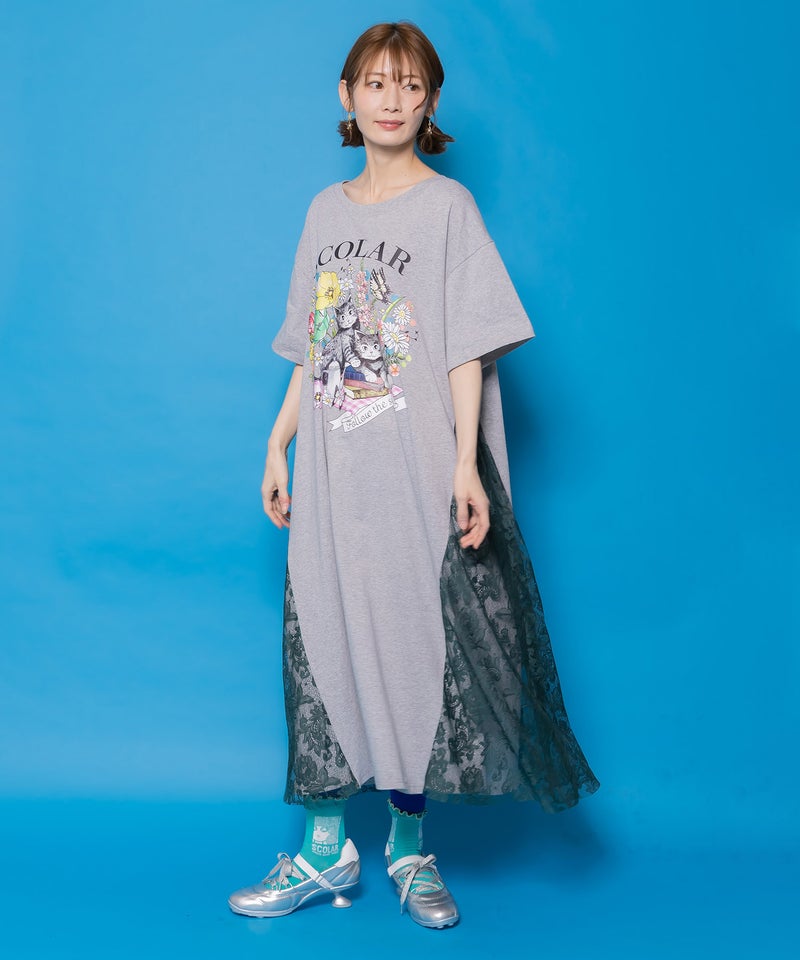 花ネコピクニック柄 天竺×レースワンピース-1