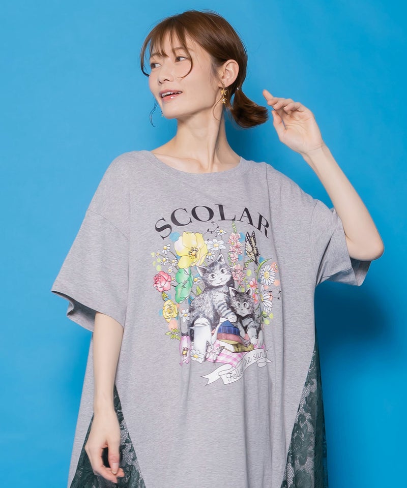 花ネコピクニック柄 天竺×レースワンピース-2