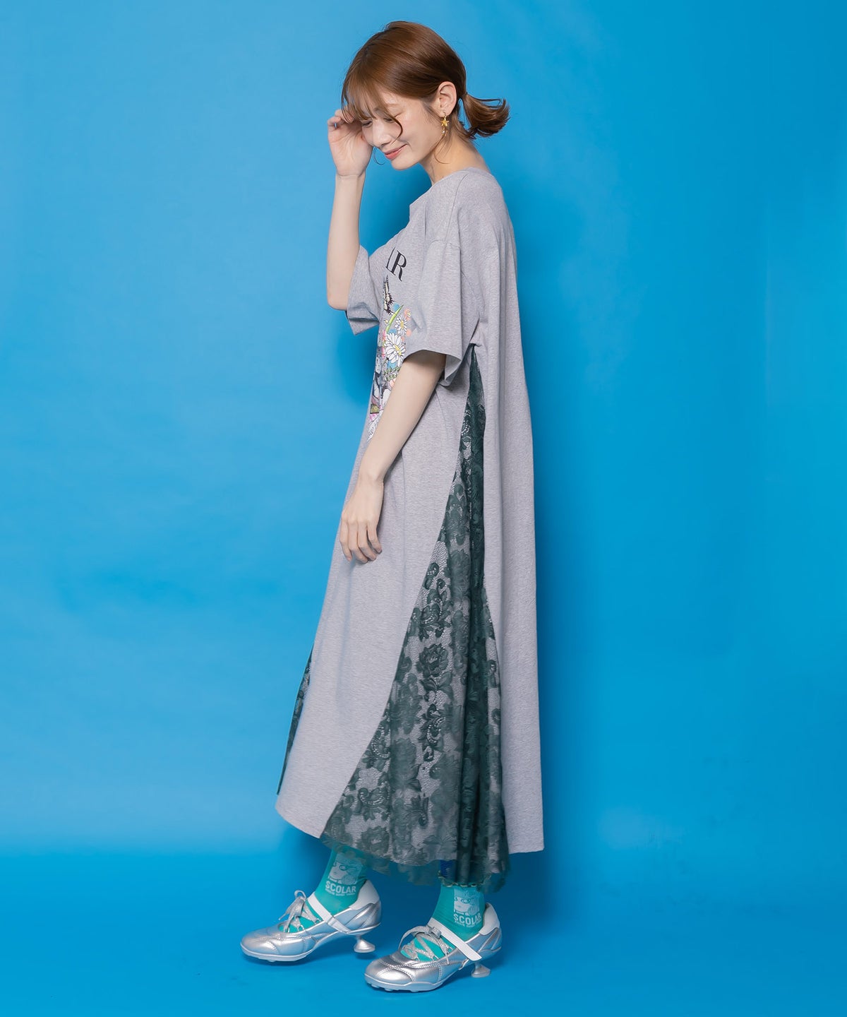 花ネコピクニック柄 天竺×レースワンピース-3