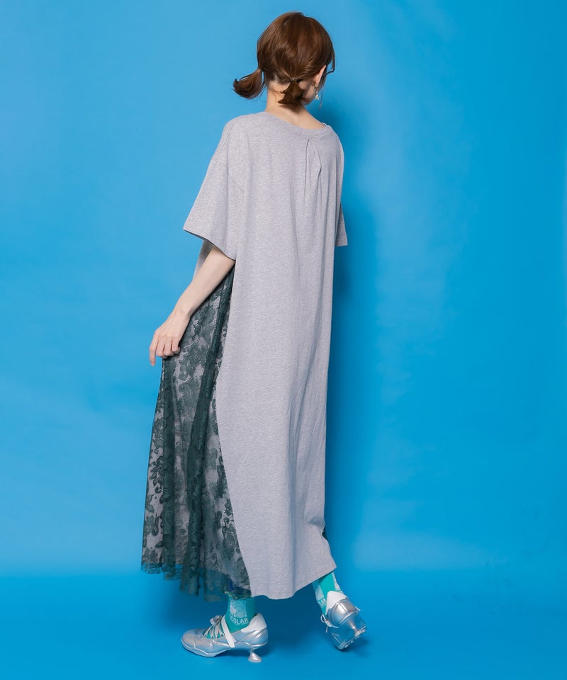 花ネコピクニック柄 天竺×レースワンピース-4