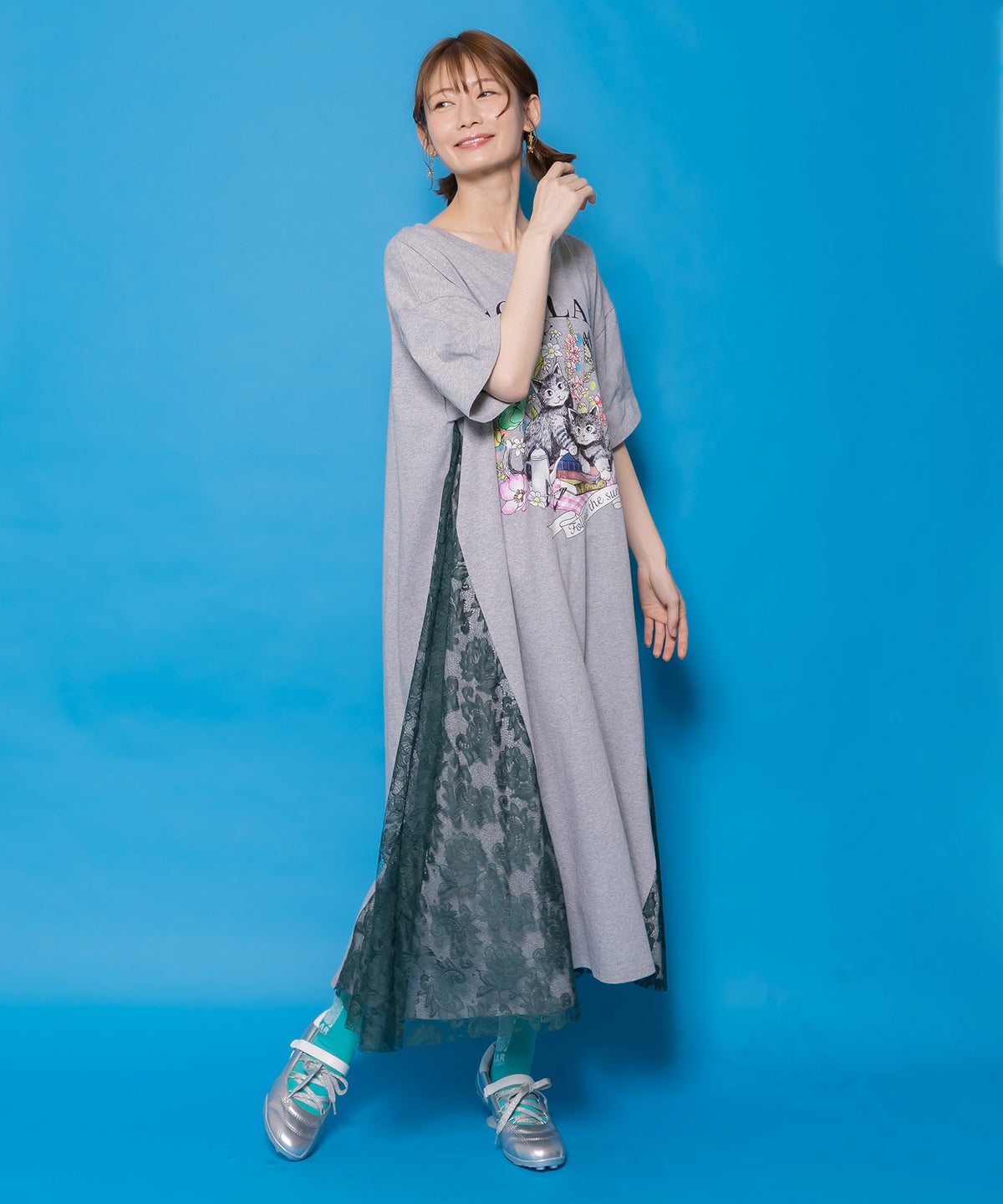 花ネコピクニック柄 天竺×レースワンピース-5