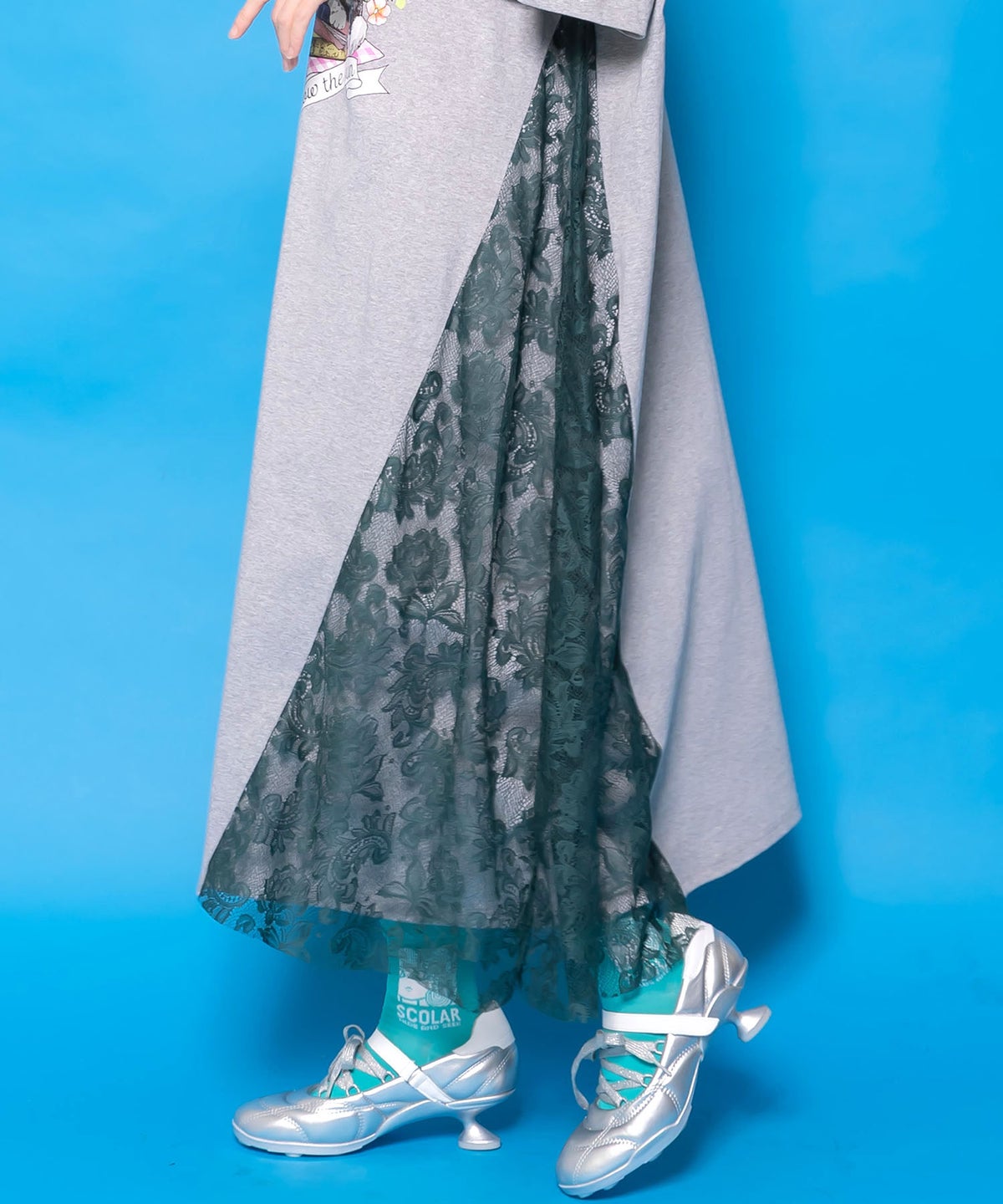 花ネコピクニック柄 天竺×レースワンピース-8