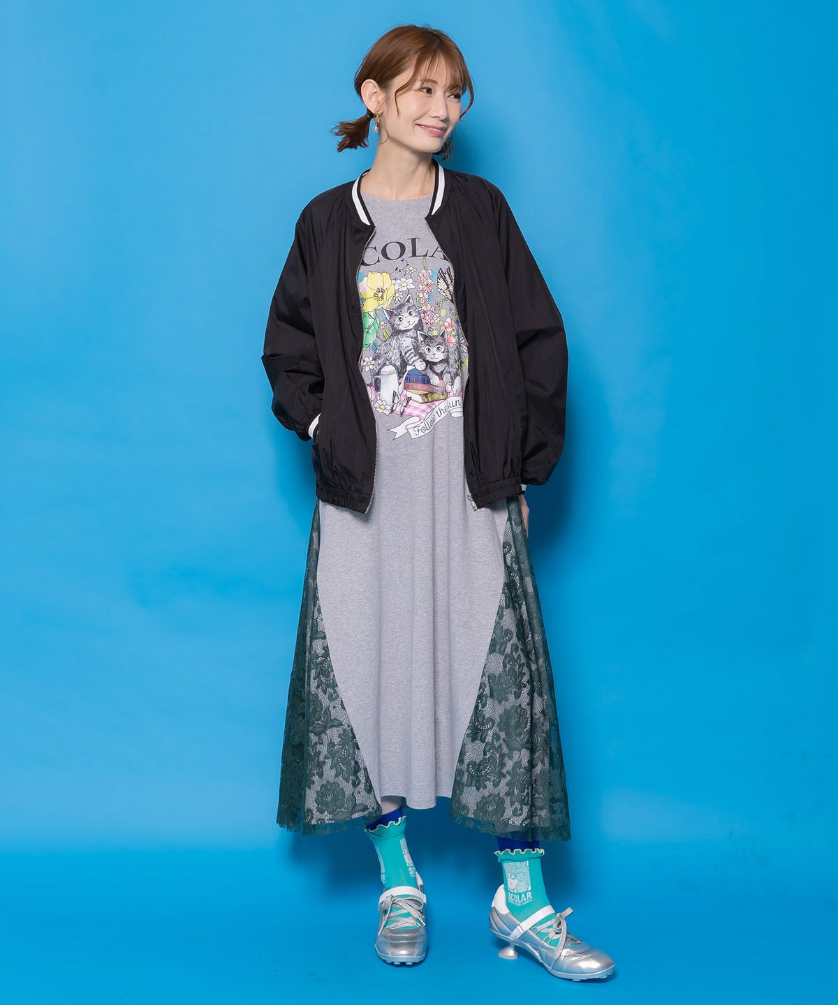 花ネコピクニック柄 天竺×レースワンピース-9