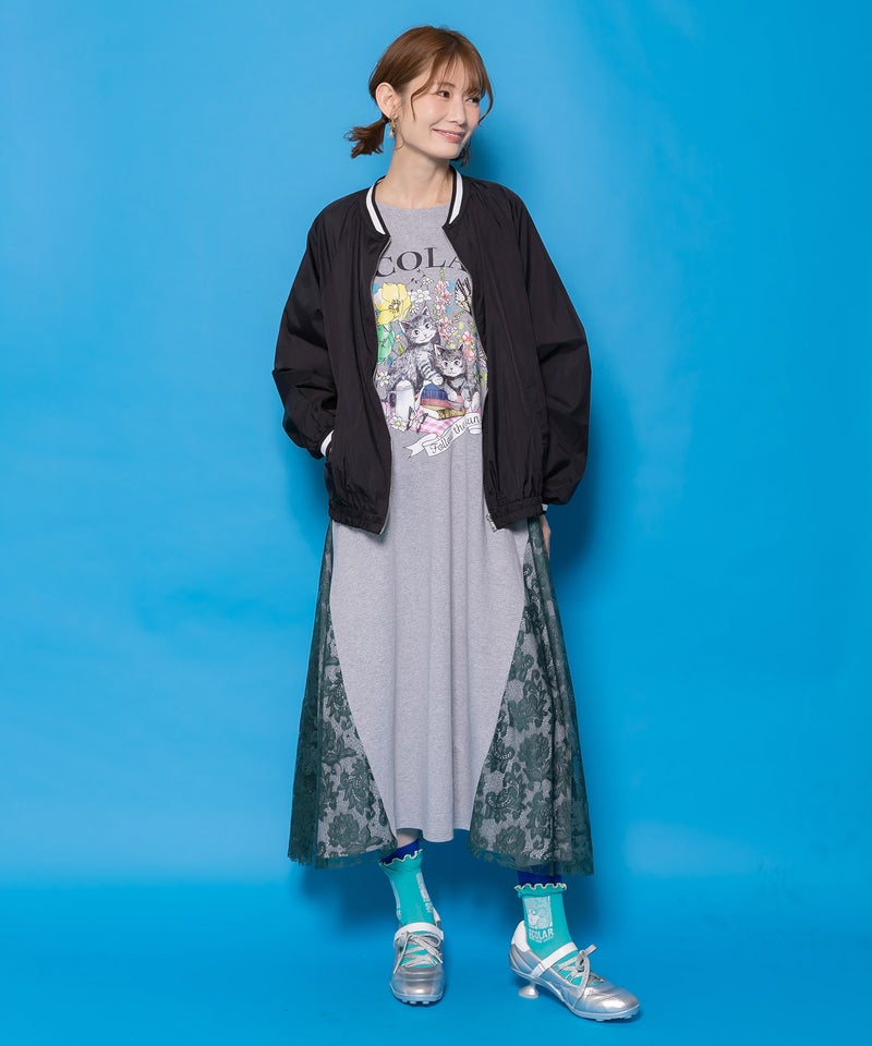 花ネコピクニック柄 天竺×レースワンピース-9