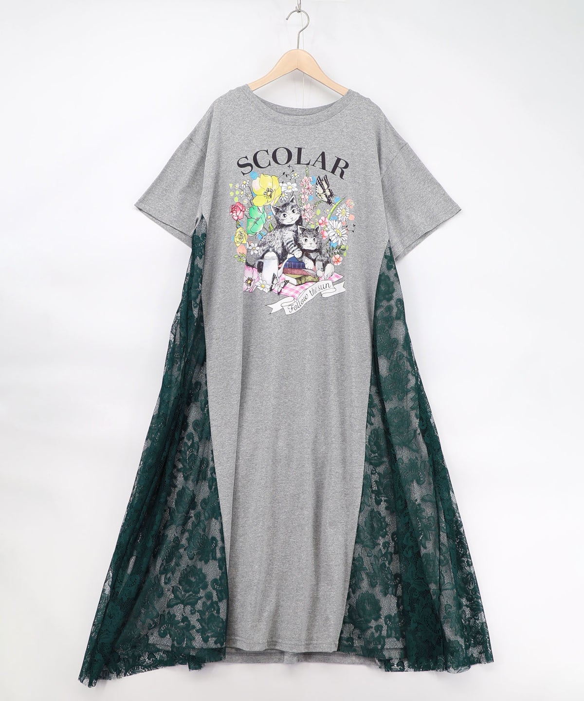 花ネコピクニック柄 天竺×レースワンピース-10