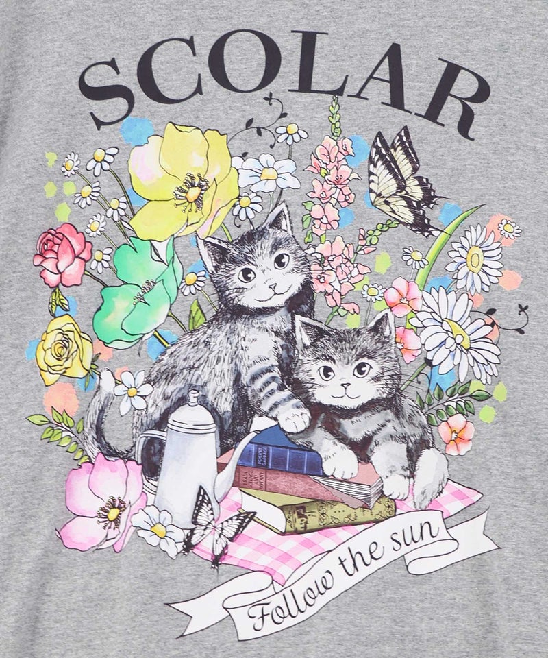 花ネコピクニック柄 天竺×レースワンピース-12