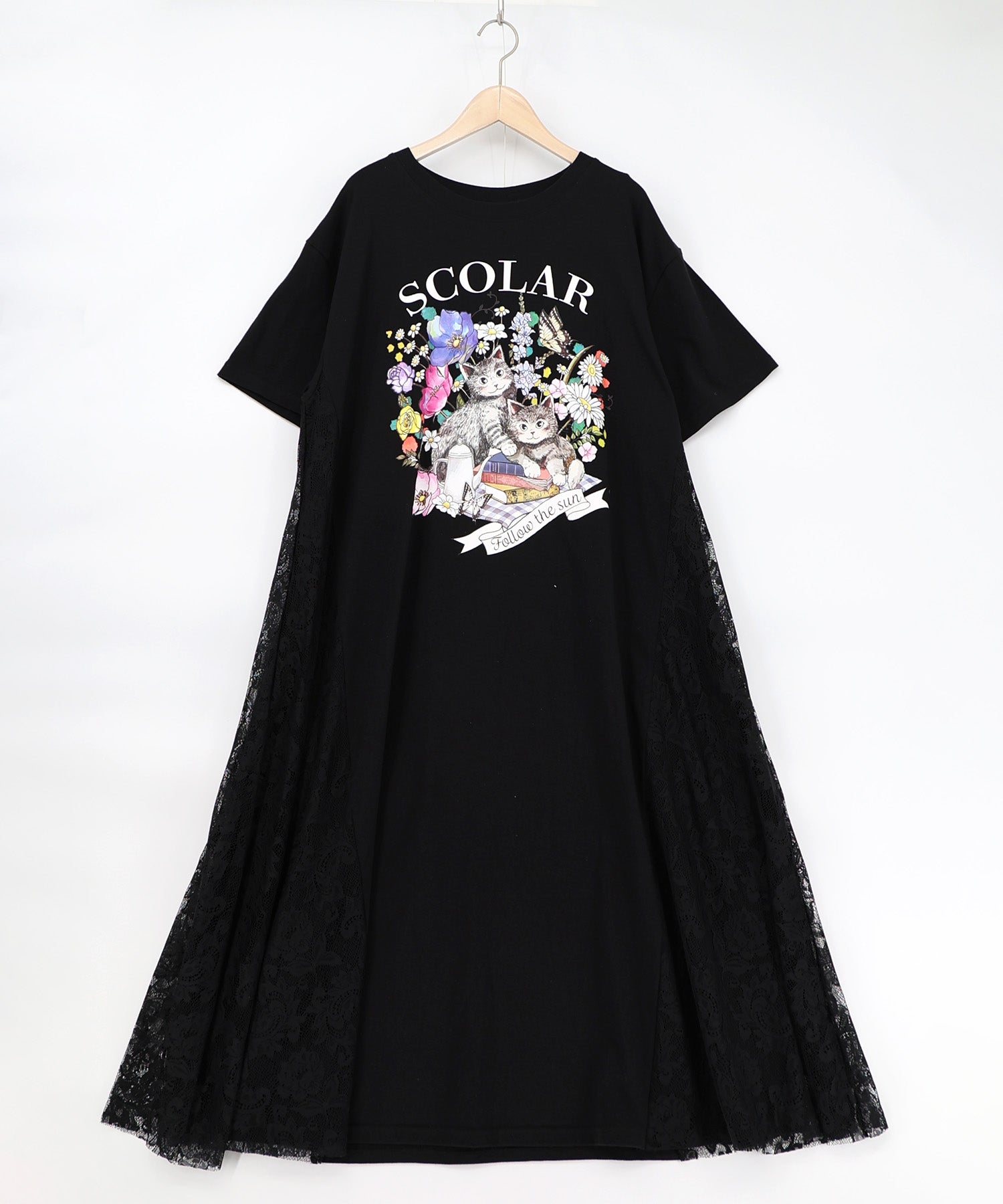 161670：花ネコピクニック柄 天竺×レースワンピースの通販-ScoLar