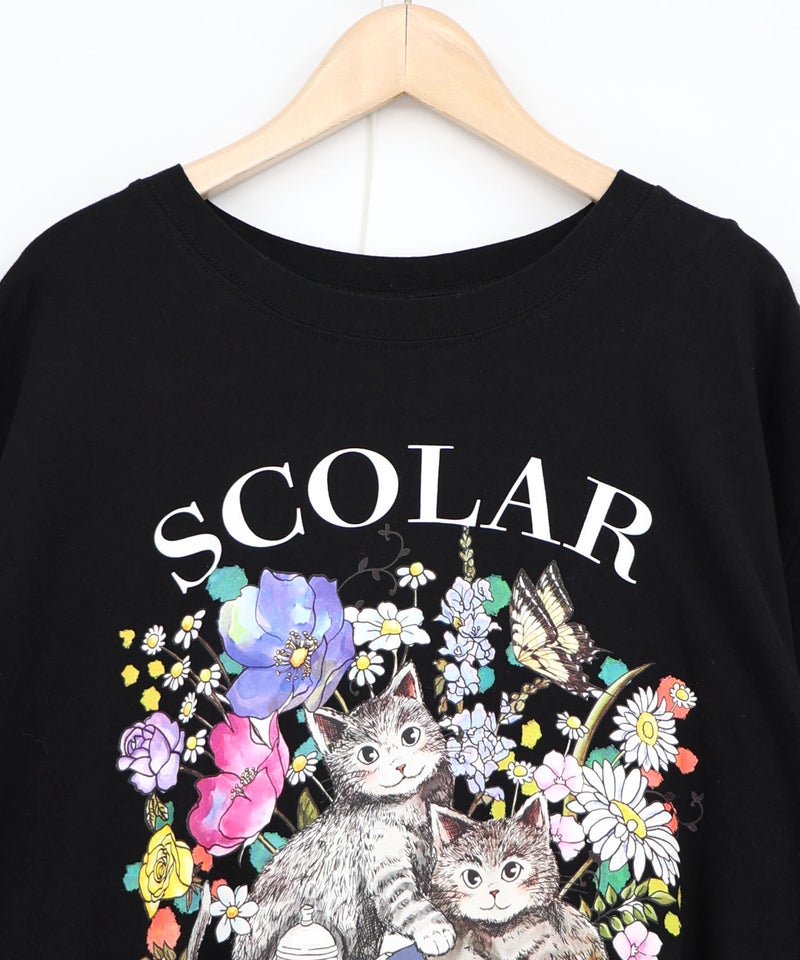 花ネコピクニック柄 天竺×レースワンピース-16