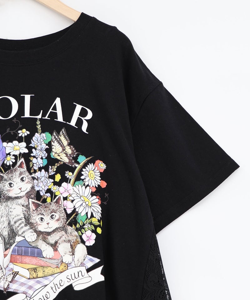 花ネコピクニック柄 天竺×レースワンピース-17