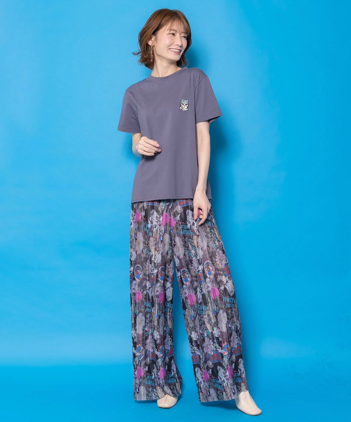 花ネコ柄ランダムプリーツパンツ-2