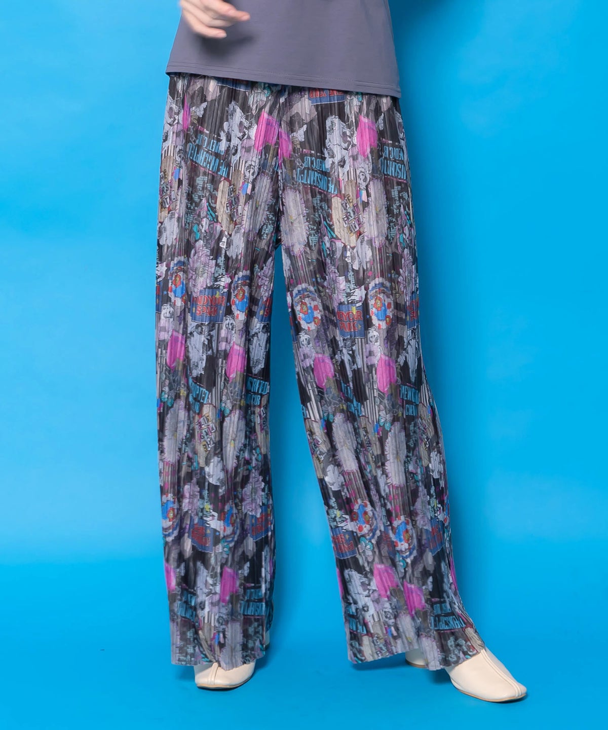 花ネコ柄ランダムプリーツパンツ-3