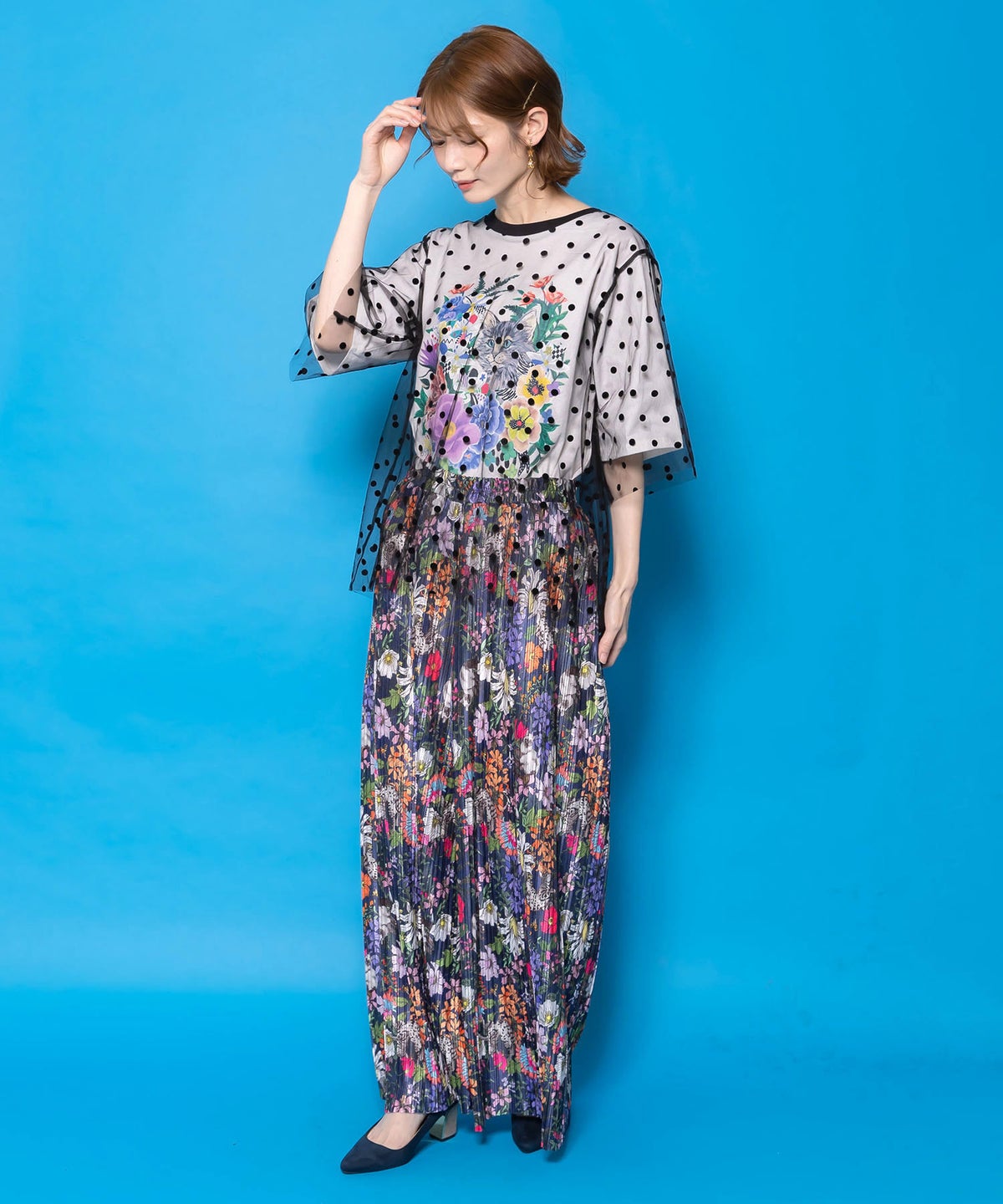 花ネコ柄ランダムプリーツパンツ-9