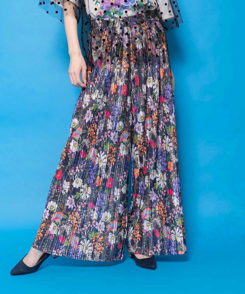 花ネコ柄ランダムプリーツパンツ-10