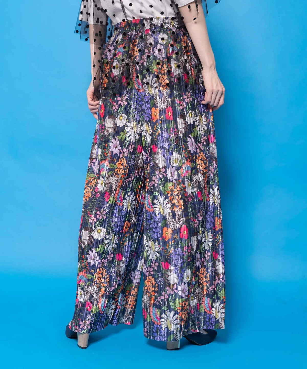 花ネコ柄ランダムプリーツパンツ-12