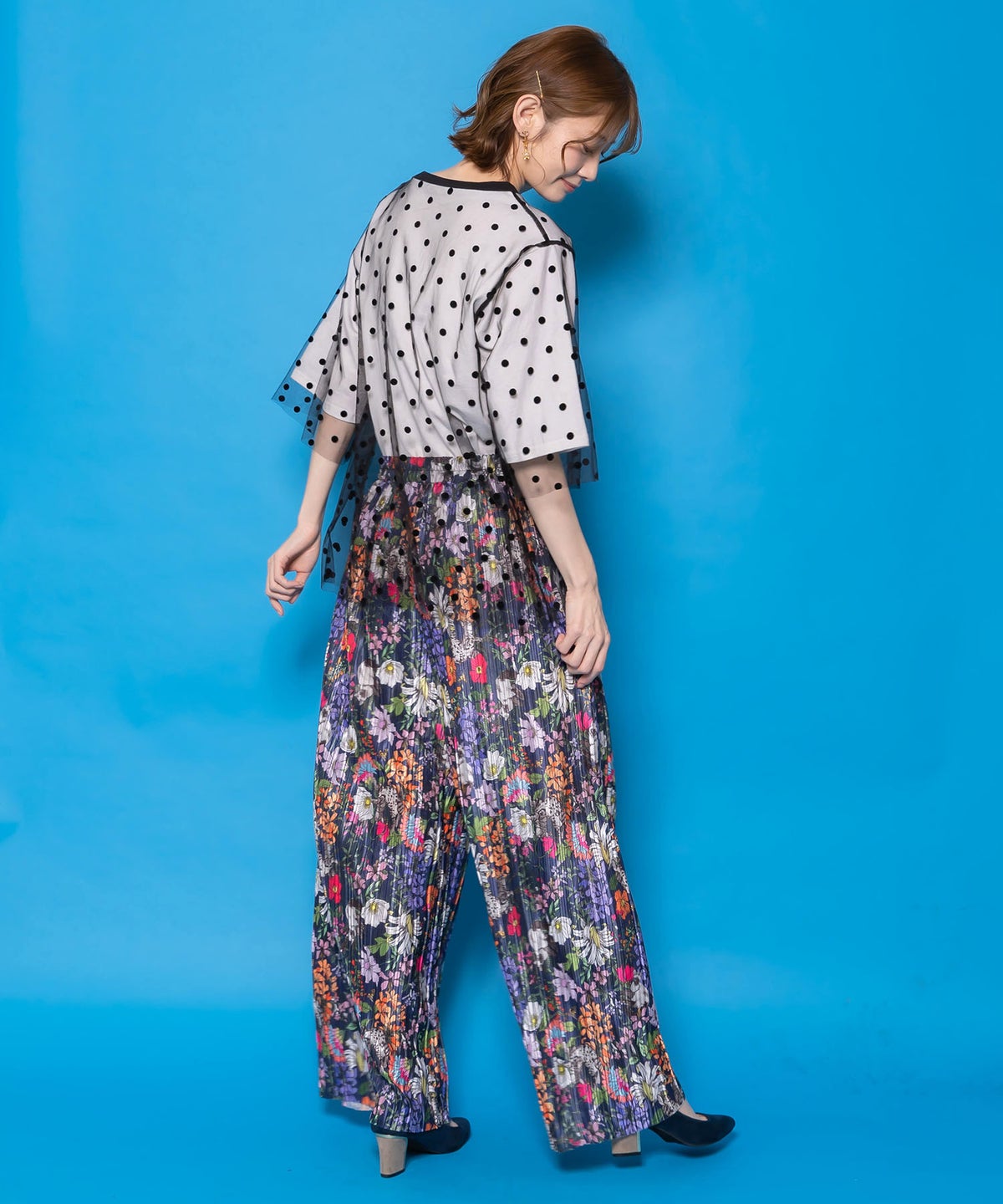 花ネコ柄ランダムプリーツパンツ-13